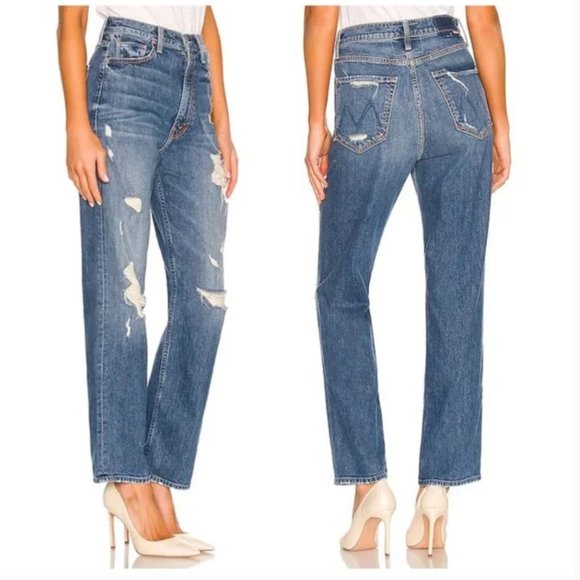 NEW Mother Denim High Waisted Study Hover Straight Leg Jeans Distressed Size 26